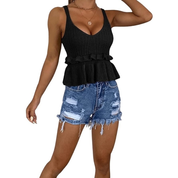 Amazon Sweaty Rocks Black Waffle Ruffle Hem Peplum Cropped Knit Tank Top Size M - Picture 9 of 9
